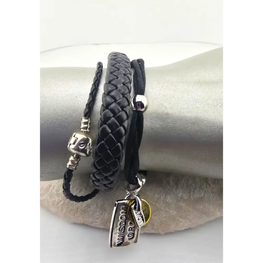 Black & Silver Tone Bracelet Lot of 3 Woven Cord Modern Leather Look